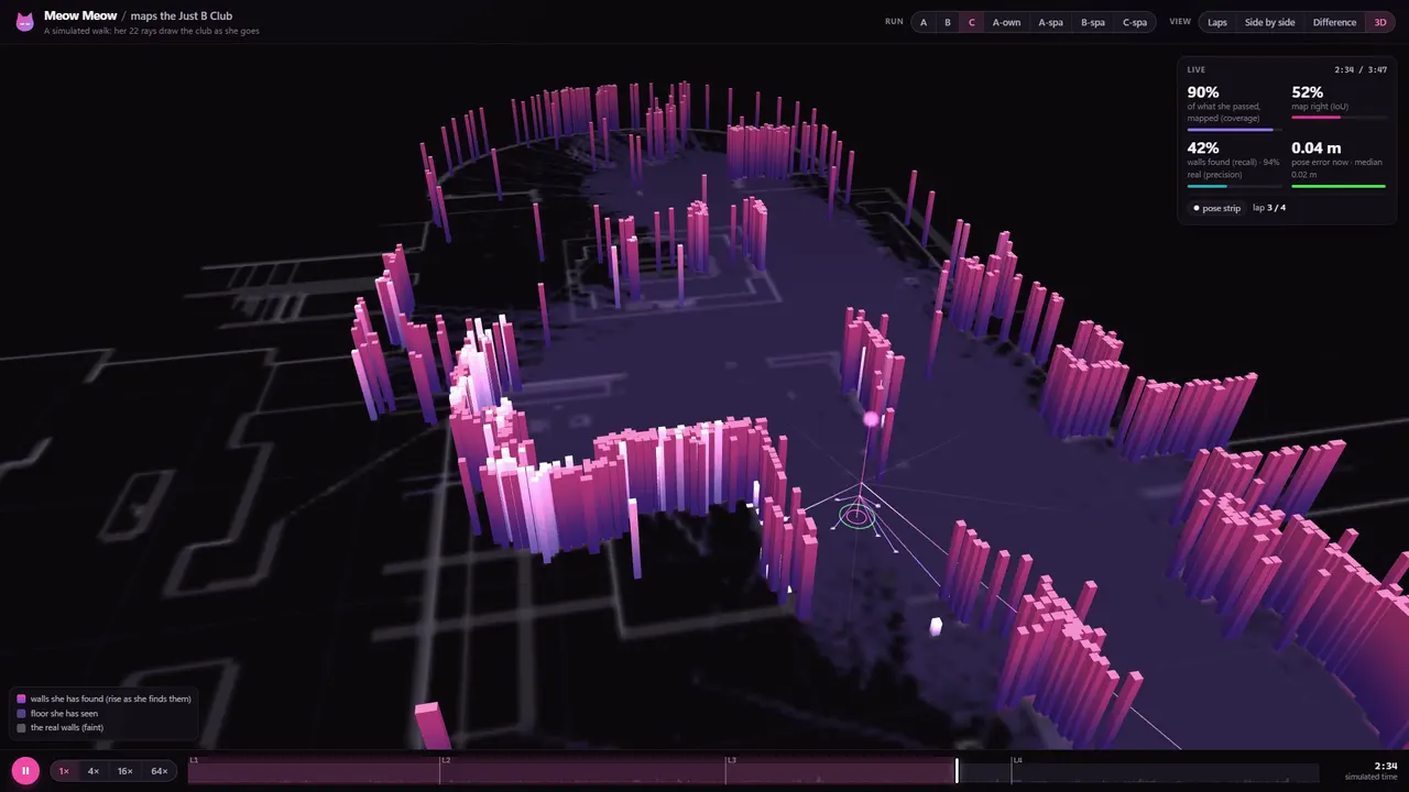Her walls rising in 3D as she finds them, in a simulated lap of the club